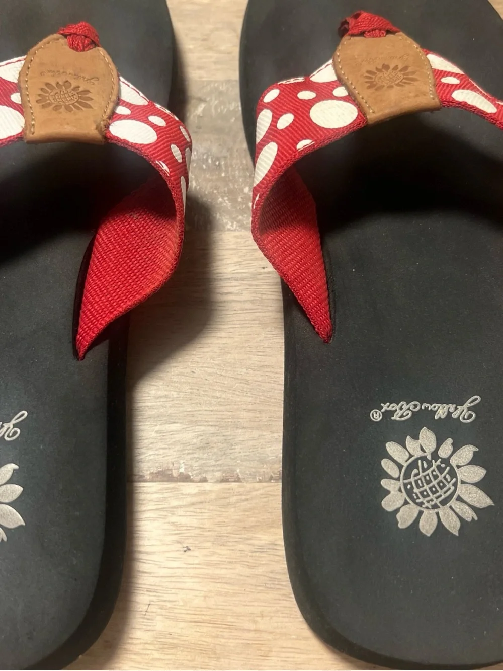 Yellow Box Red and White Polka Dot Thong Sandals with Brown Accent - Picture 6 of 7
